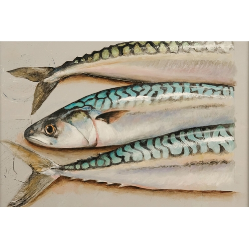 749 - Jan Merrick HORN (British b. 1948) Three Mackerel Oil on board Initialled lower left and inscribed v... 