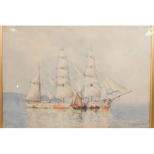 756 - Frederick MASSEY (XIX-XX) Schooner And Rowing Boat Watercolour Signed lower right Framed and glazed ... 