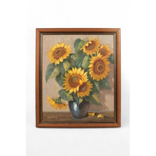 757 - British Contemporary Sunflowers Oil on canvas Indistinctly signed lower left Framed  Picture size 59... 