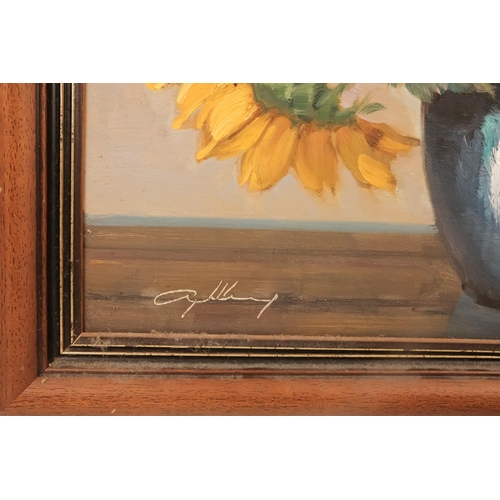 757 - British Contemporary Sunflowers Oil on canvas Indistinctly signed lower left Framed  Picture size 59... 