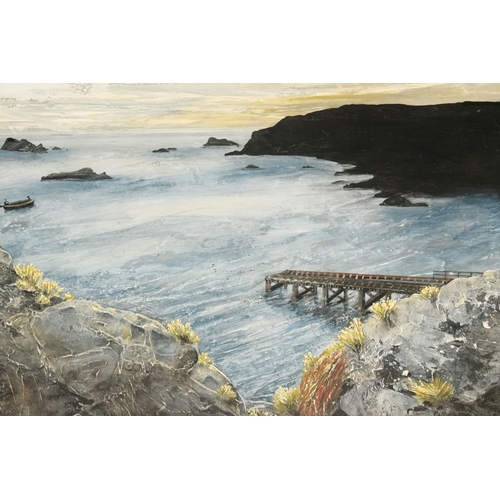 763 - Gilly JOHNS (Cornish contemporary) Dreamy Twilight, Lizard Point Acrylic on board Artist's label ver... 