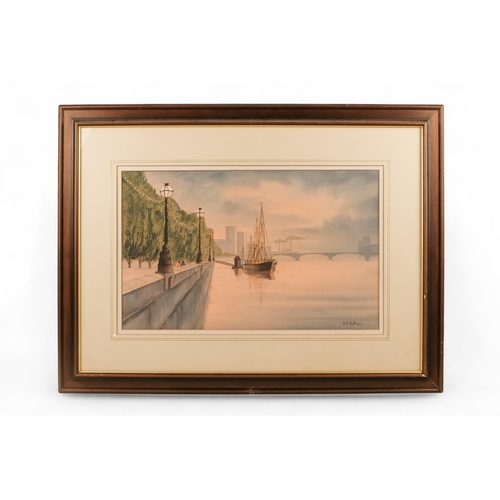 767 - Bill HOLKHAM (British contemporary) Sunset On The Thames Watercolour Signed lower right and artist's... 