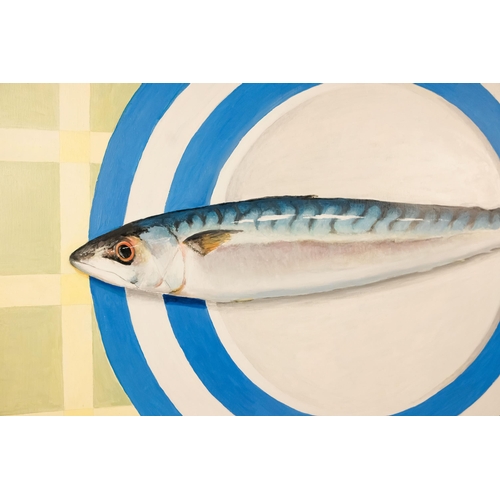 769 - Jan Merrick HORN (British b. 1948) Large Mackerel On Cornish Plate Oil on canvas Initialled lower le... 