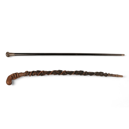 79 - A silver topped cane - indistinctly marked, with a ebonised shaft, 92cm long, together with another ... 