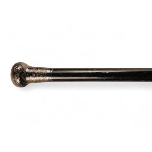 79 - A silver topped cane - indistinctly marked, with a ebonised shaft, 92cm long, together with another ... 