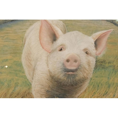 796 - Mick WOODS (British Contemporary) Pig In A Field Pastel on paper Signed lower right Framed and glaze... 