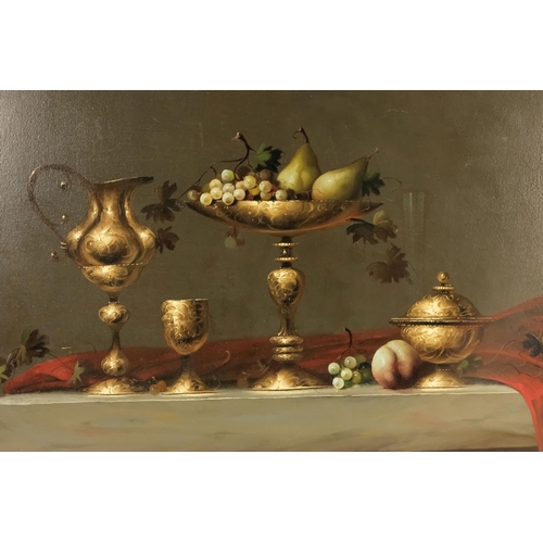 800 - Jozsef MOLNAR (b. 1939) Still Life with Ewer, Tazza and Fruit Oil on board Signed lower right  Frame... 