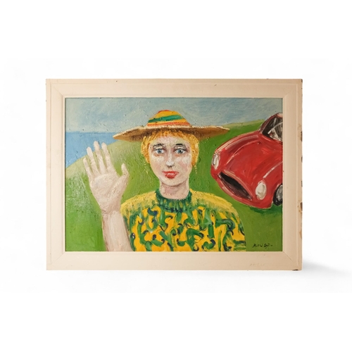 805 - Paul W. OZERE (20th/21st Century British) Lady And Red Car Oil on canvas Signed lower right Framed  ... 