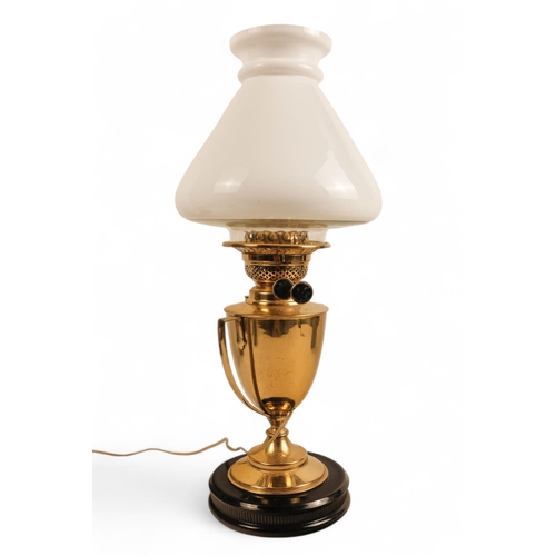 90 - A pair of brass and marble table lamps - raised on square marble bases, together with another table ... 