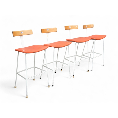 910 - Frank Guille for Kandya four tubular steel stools - circa 1950, finished in white with original oran... 