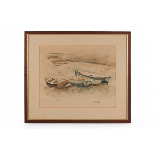 787 - David WESTON (b. 1942) Rowing Boats Low Tide Watercolour Signed and dated 1983 lower right Framed an... 