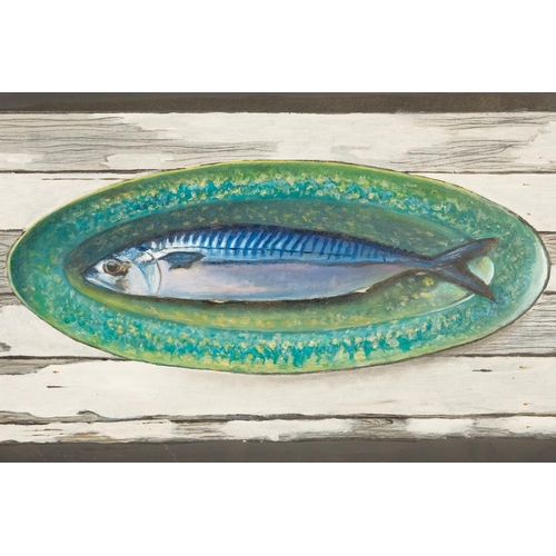 789 - Jan Merrick HORN (British b. 1948) Mackerel On Green Plate Oil on board Initialled lower left Pictur... 