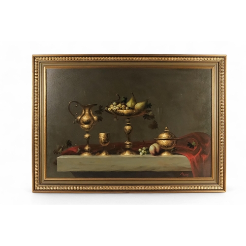 800 - Jozsef MOLNAR (b. 1939) Still Life with Ewer, Tazza and Fruit Oil on board Signed lower right  Frame... 