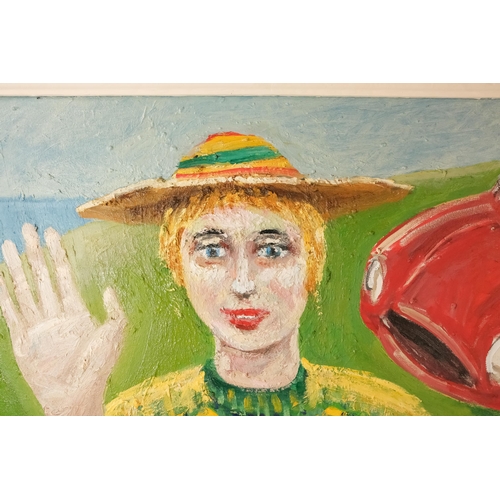 805 - Paul W. OZERE (20th/21st Century British) Lady And Red Car Oil on canvas Signed lower right Framed  ... 