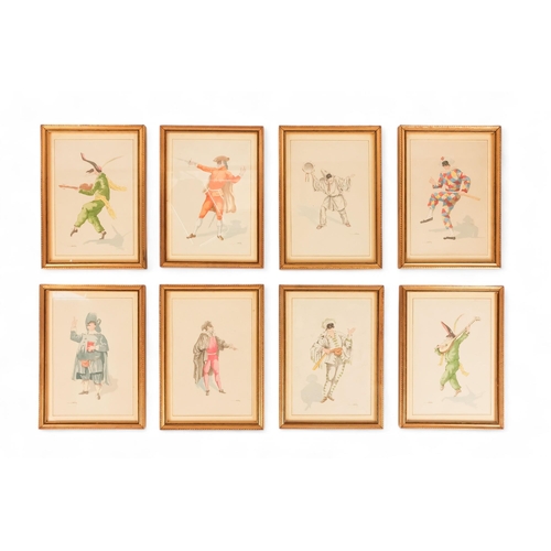 839 - 20th Century Italian School Eight Commedia dell'arte Figures Lithograph Framed and glazed Picture si... 