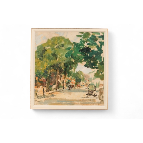 843 - Attributed to Bernard ADAMS (British 1884-1965) High Street Scene Oil on paper  Framed and glazed  P... 