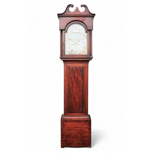 882 - An early 19th century mahogany cased eight day longcase clock - the painted dial decorated with gilt... 