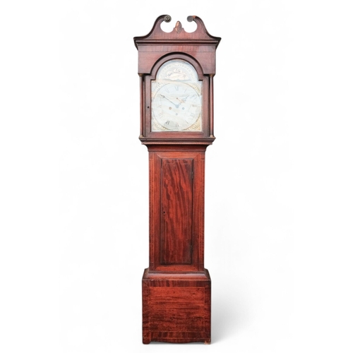 882 - An early 19th century mahogany cased eight day longcase clock - the painted dial decorated with gilt... 