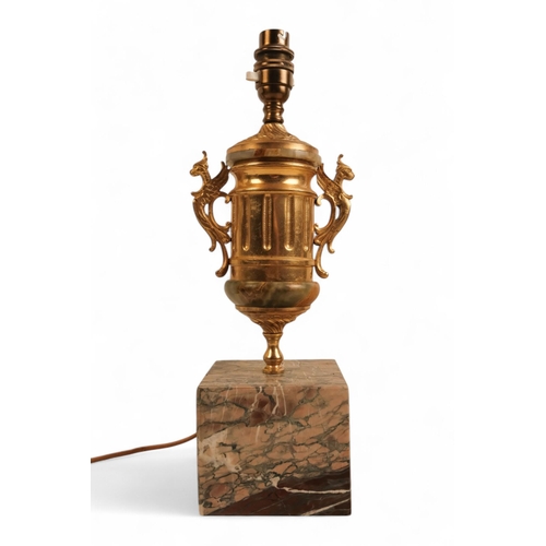 90 - A pair of brass and marble table lamps - raised on square marble bases, together with another table ... 