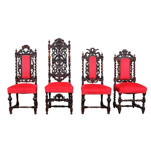 904 - A set of four 17th century style dining chairs - upholstered in red velvet, the pad backs with spira... 