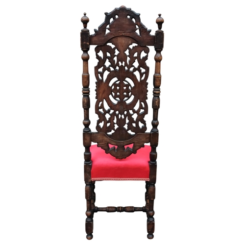 904 - A set of four 17th century style dining chairs - upholstered in red velvet, the pad backs with spira... 