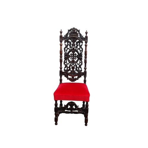 904 - A set of four 17th century style dining chairs - upholstered in red velvet, the pad backs with spira... 