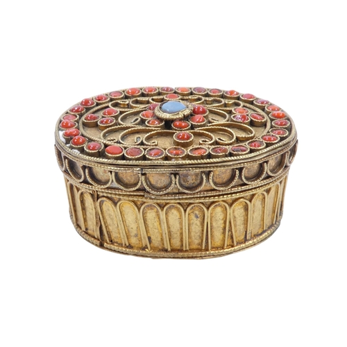 92 - An early 20th century gilt filigree and hardstone box - of rectangular form with a hinged lid, toget... 