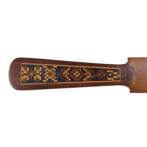 12 - A 19th century Tunbridgeware nutmeg grater - the domed marquetry top above a tapering ribbed body an... 