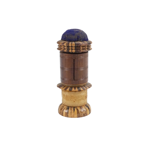 12 - A 19th century Tunbridgeware nutmeg grater - the domed marquetry top above a tapering ribbed body an... 