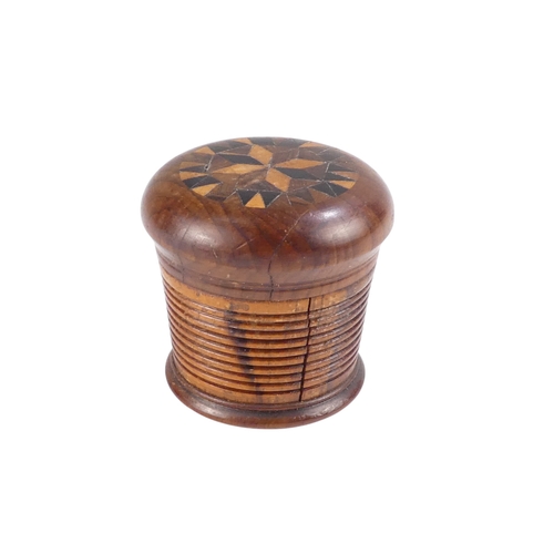 12 - A 19th century Tunbridgeware nutmeg grater - the domed marquetry top above a tapering ribbed body an... 