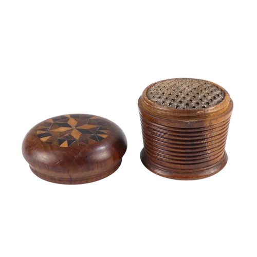 12 - A 19th century Tunbridgeware nutmeg grater - the domed marquetry top above a tapering ribbed body an... 