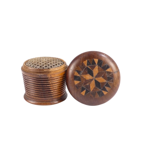 12 - A 19th century Tunbridgeware nutmeg grater - the domed marquetry top above a tapering ribbed body an... 