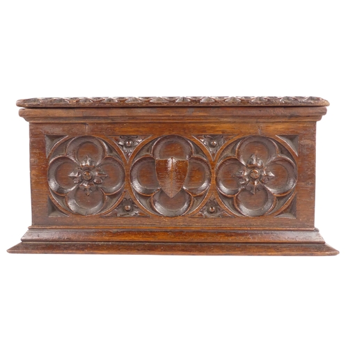 3 - A late 19th century oak Gothic style postal box - of rectangular form with slots for answered and un... 