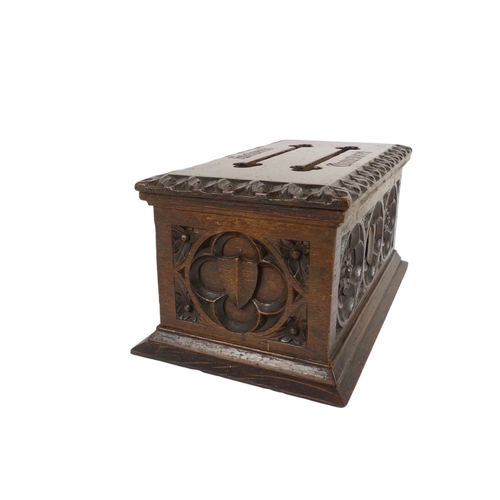 3 - A late 19th century oak Gothic style postal box - of rectangular form with slots for answered and un... 
