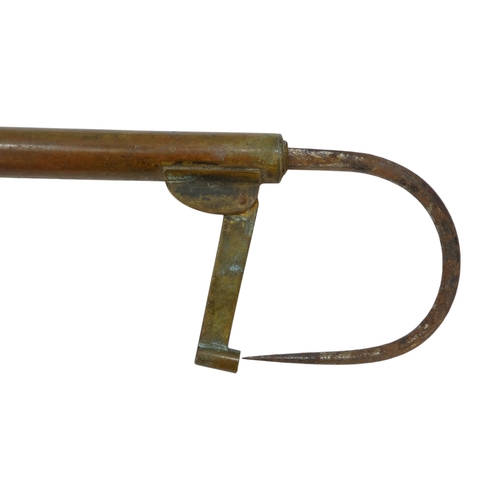 33 - A Victorian brass three section telescopic gaff - with ribbed wooden handle, 40cm (closed), 94cm ope... 