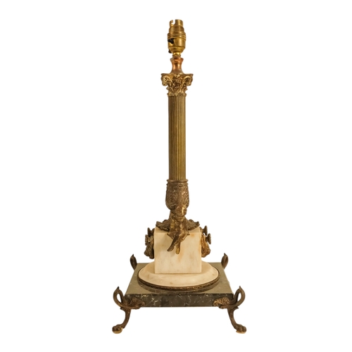 43 - A brass and marble table lamp - modelled as a Corinthian column, the square white marble base with p... 