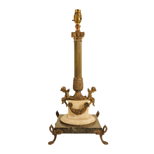 43 - A brass and marble table lamp - modelled as a Corinthian column, the square white marble base with p... 