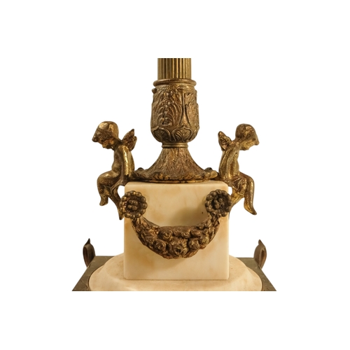 43 - A brass and marble table lamp - modelled as a Corinthian column, the square white marble base with p... 