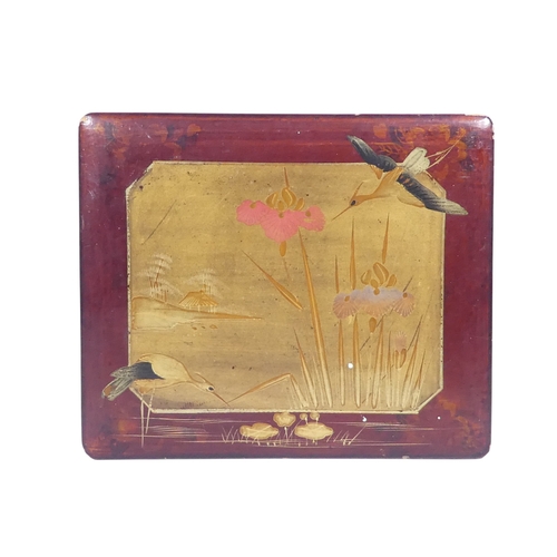 49 - An early 20th century Japanese lacquer box - decorated in gilt with crane and lake with bullrushes, ... 