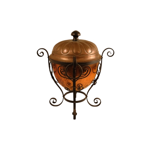 6 - A late 19th century Arts and Crafts style copper and wrought iron coal scuttle - circular with a gad... 