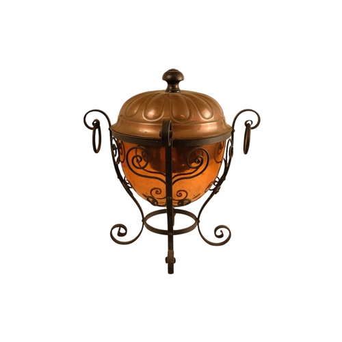 6 - A late 19th century Arts and Crafts style copper and wrought iron coal scuttle - circular with a gad... 