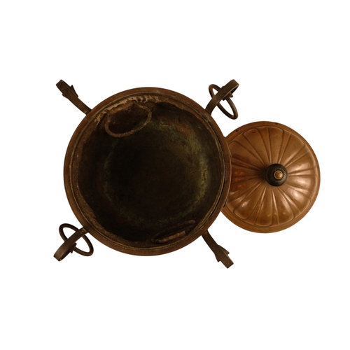 6 - A late 19th century Arts and Crafts style copper and wrought iron coal scuttle - circular with a gad... 