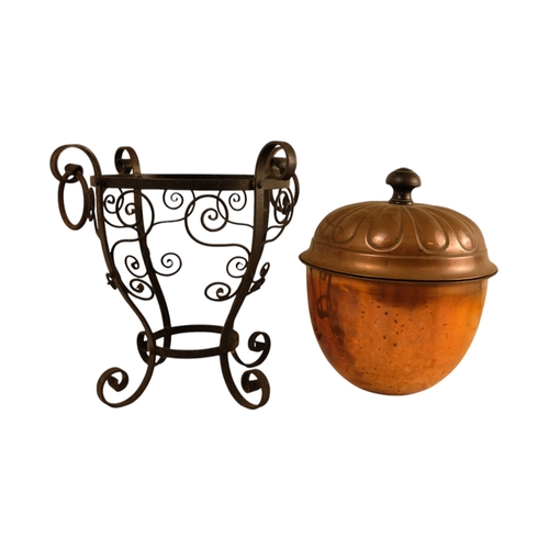 6 - A late 19th century Arts and Crafts style copper and wrought iron coal scuttle - circular with a gad... 