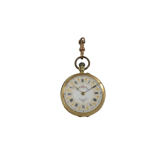 706 - An 18ct gold pocket watch - with an open face and foliate engraved, the white vitreous dial set out ... 