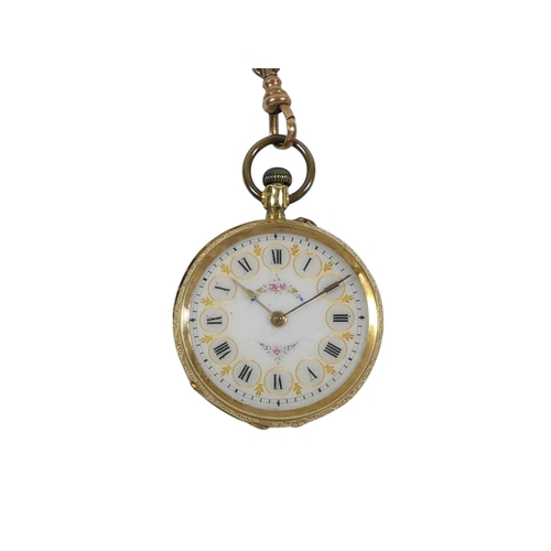 706 - An 18ct gold pocket watch - with an open face and foliate engraved, the white vitreous dial set out ... 