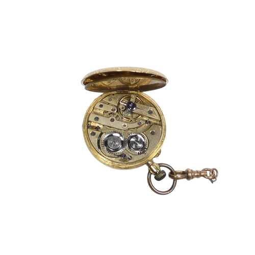 706 - An 18ct gold pocket watch - with an open face and foliate engraved, the white vitreous dial set out ... 