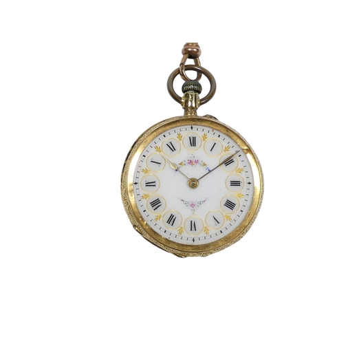 706 - An 18ct gold pocket watch - with an open face and foliate engraved, the white vitreous dial set out ... 