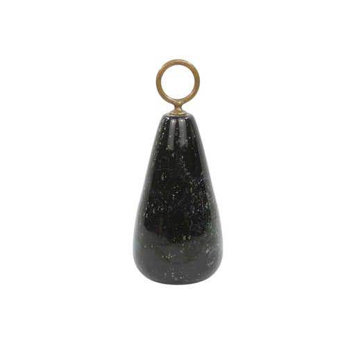 9 - A Cornish serpentine door stop - of drop form with a brass ring handle, 27cm high.