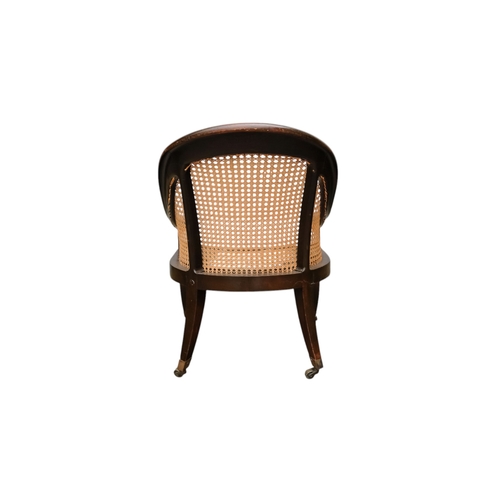 935 - A 19th century beech tub shaped bergere chair - with cane seat and back with a loose cushion, on squ... 