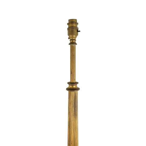 18 - A pair of brass adjustable standard lamps - with reeded columns and square bases on bun feet. (2)